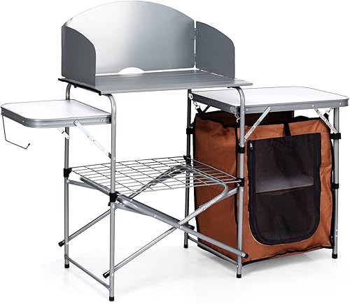 Tangkula Mesa de cocina plegable para acampar, mesa portátil de aluminio con parabrisas, estación de cocina, mesa de cocina de campamento de