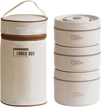 Thermal Bento Box, Soup Jar, Lunch Jar, Bento Box, Thermal Lunch Jar, Stainless Steel, Heat Retention, Cold Retention, Large Capacity, Leak Proof, Vacuum Insulated, Thermal Bento Box, 2 Tiers, 3 Tiers, 4 Tiers, Handle Included, Rice Bowl, Bento Box Set, Thermal Bag Included, For Commuting to Work or School, Camping, Sports Events 3 Tiers - Beige, Microwave Model