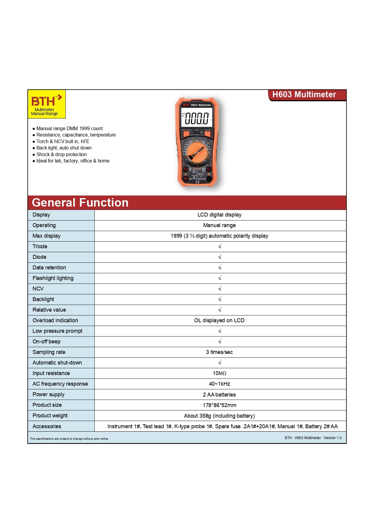 BTH H603 True RMS Digital Multimeter with Non contact voltage, Temperature, capacitance and Triode — Amazon image 4