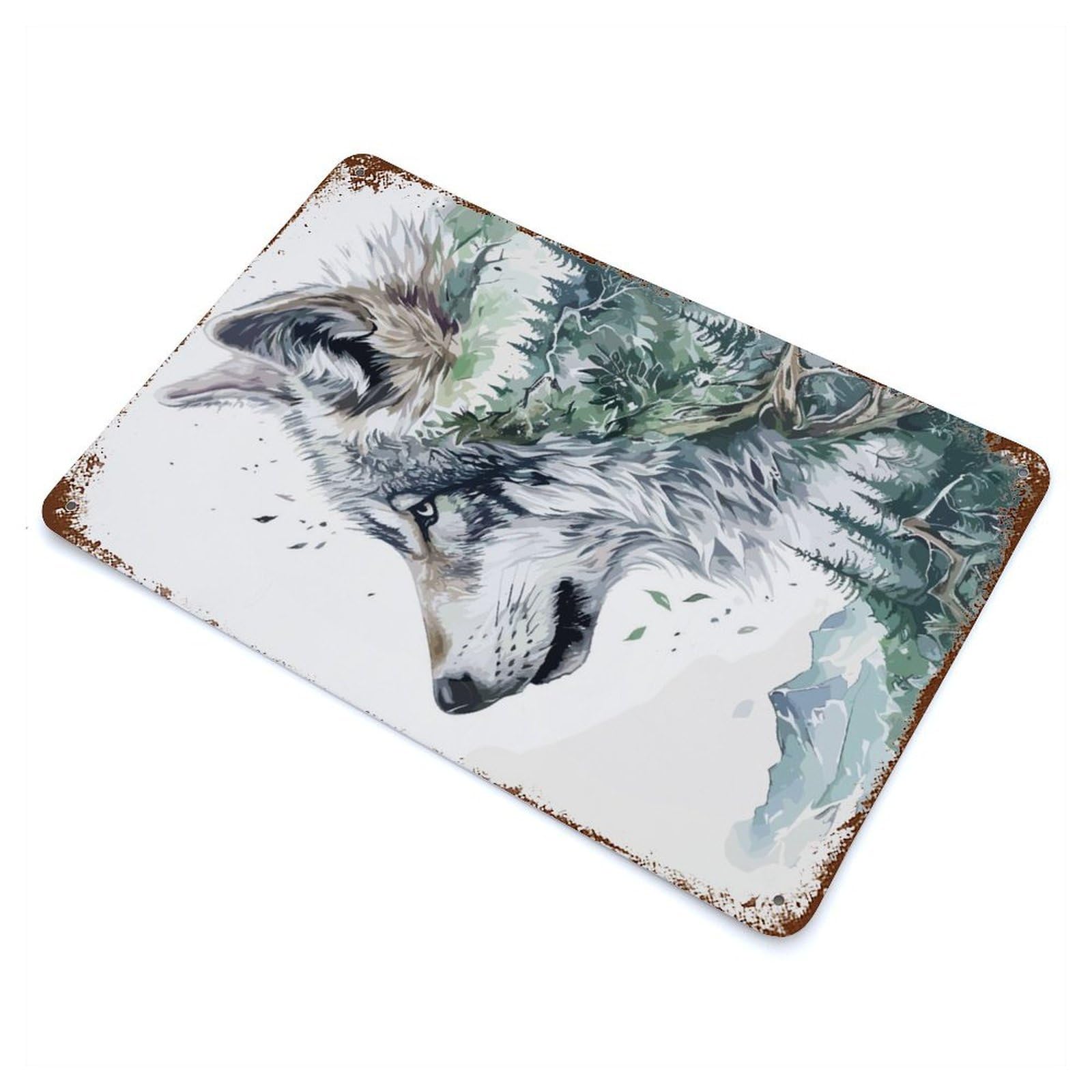 Distressed Metal Wall Sign with Wolf Nature Design 11.8"x7.9", for Shed, Workshop And Garage Wall Decor, Decorative Metal Wall Art