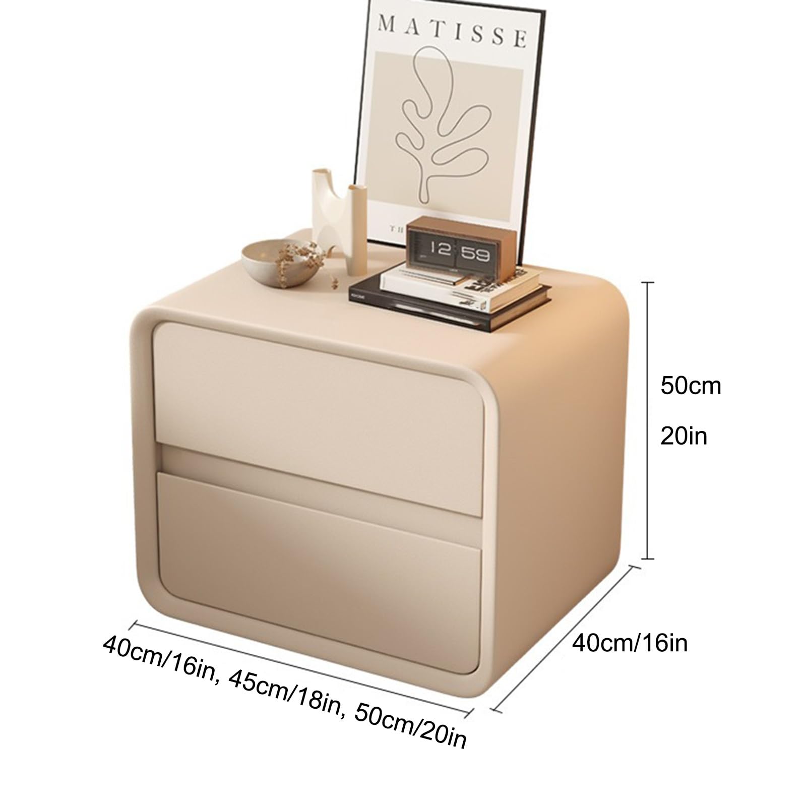 DTREEL Comodino Moderno con 2 Cassetti in Legno Massello e Pelle Microfibra, Tavolino da Camera da Letto/Soggiorno/Dormitorio, Beige, 50 cm/20 in