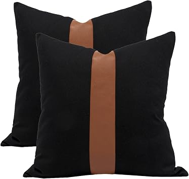 Black and Brown Couch Pillow Covers Set of 2 18x18 Modern Stripe Farmhouse Decorative Throw Pillow Covers for Couch Living Room Bedroom Faux Leather Accent Pillow Cases Boho Home Decor