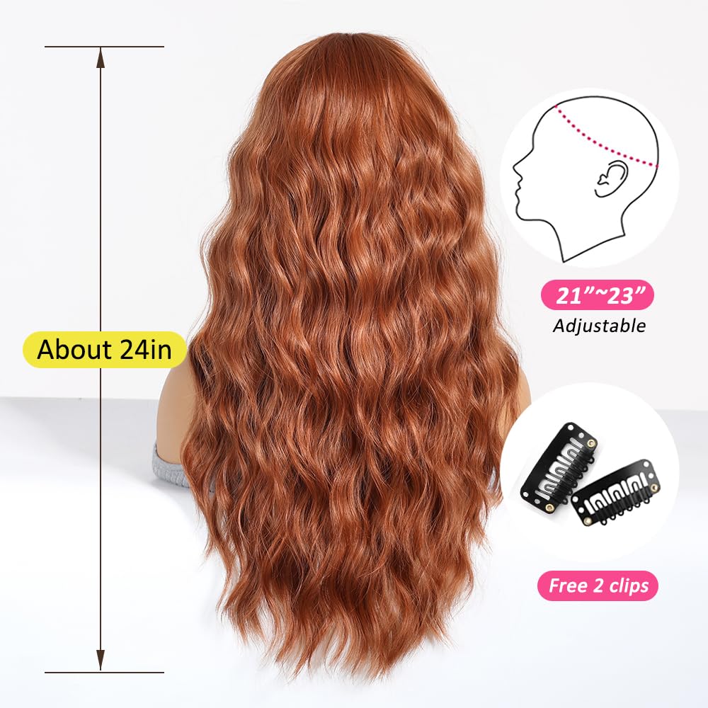 OUFEI Auburn Long Wavy Wig for Women with Curtain Bangs Natural Curly Synthetic Hair Heat Resistant Wigs for Daily Party Cosplay Wear - Image 4