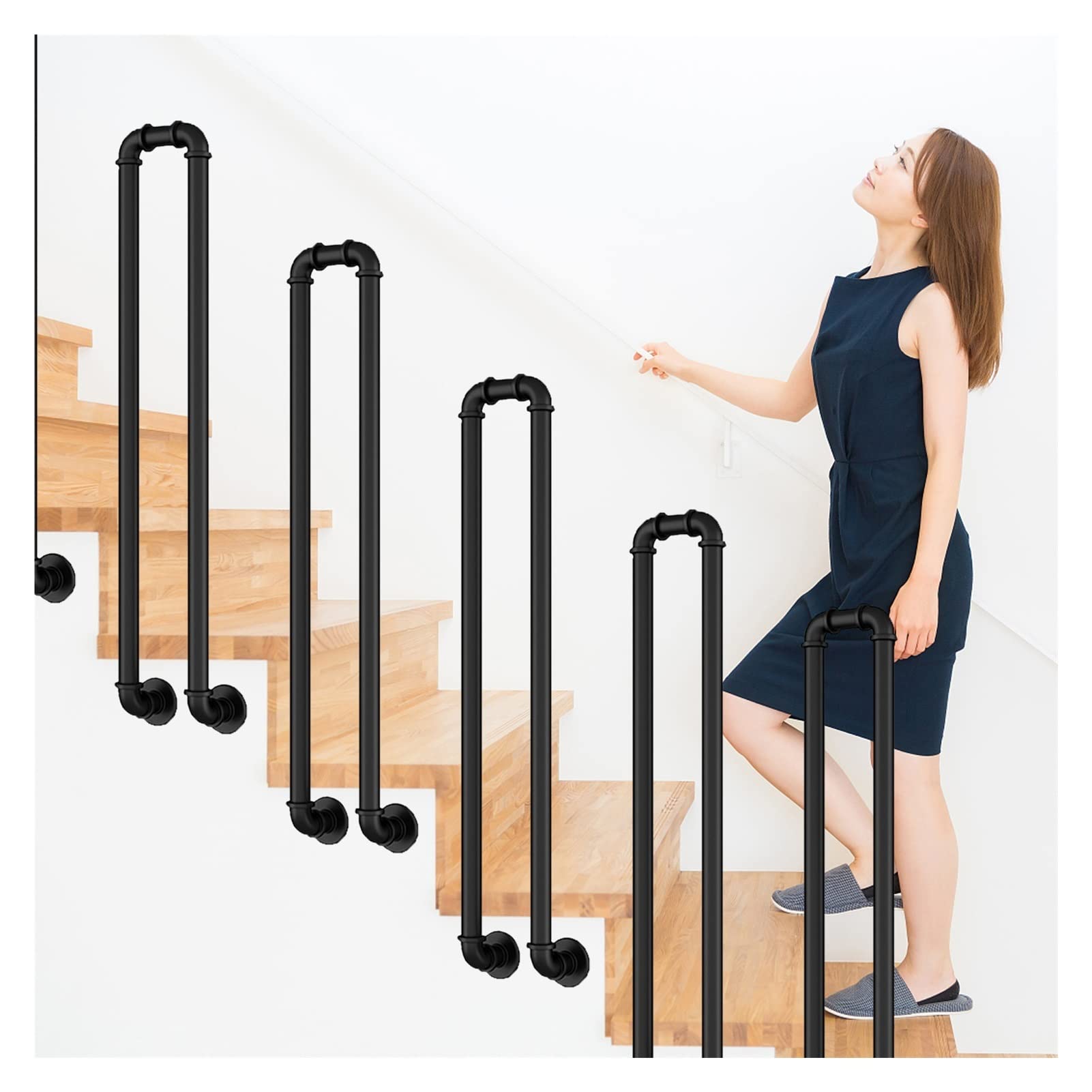 Meiiron U-Shaped Staircase Handrails, 1 Step - Balusters, Retro Metal Balcony Railing Wrought Iron Picket Transitional Handrail Load-Bearing 200lbs (Color : Black, Size : 100cm(39"))