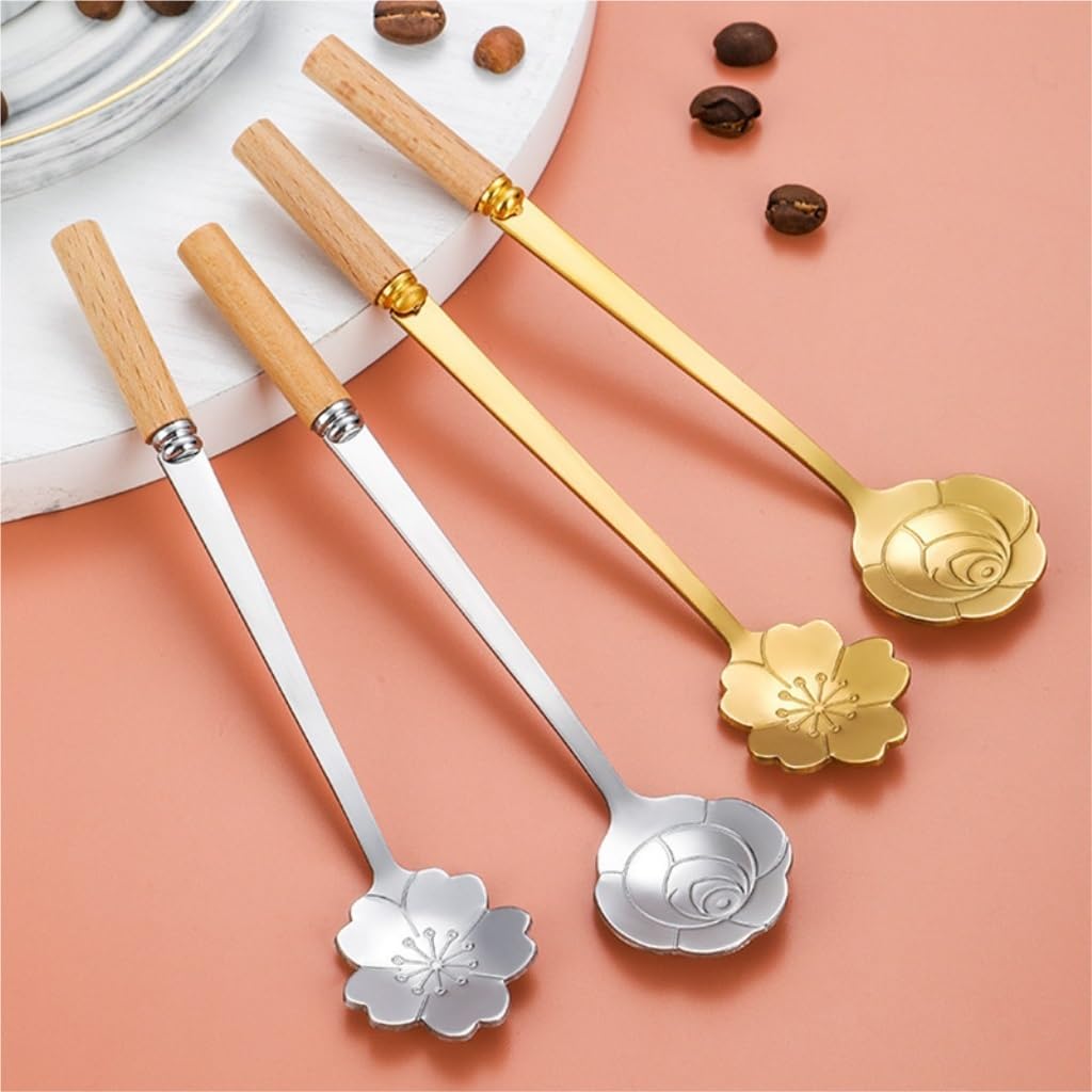 Spoons 4-Piece Wooden Handle Stainless Steel Cherry Blossom Spoon Rose Spoon Coffee Stirring Spoon Dessert Spoon Tea Spoon