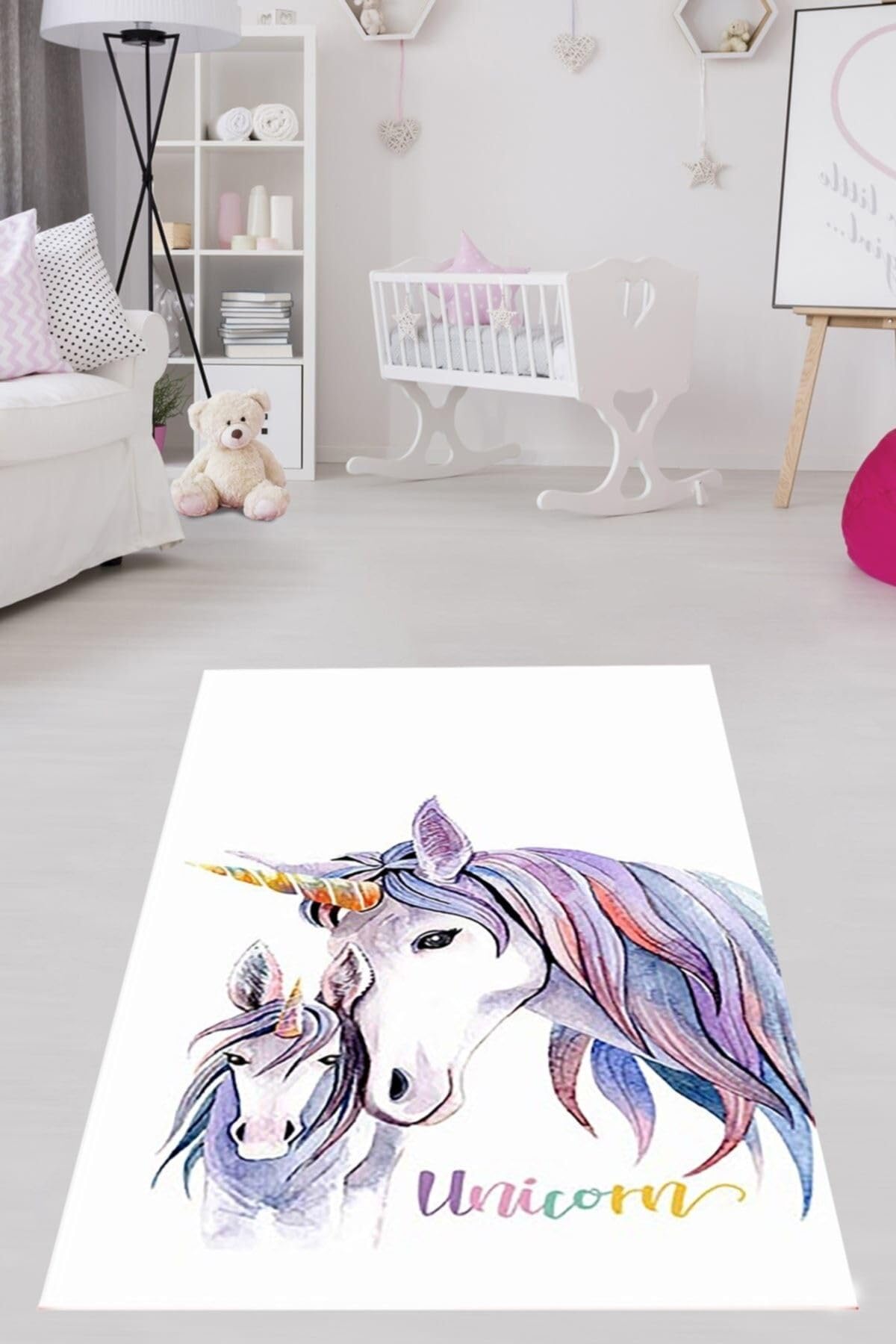 Pelangi Unicorn At Desenli Halı Dijital Baskı Yıkanabilir Kaymaz Taban Beyaz Çocuk Odası Halısı, Mavi-Beyaz 80 x 350