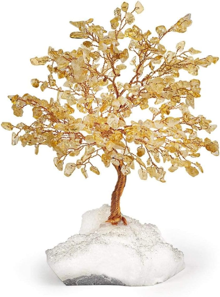 KARMA AND LUCKReal Citrine Gemstone Feng Shui Tree of Life for Positive Energy - to Manifest Your Dreams Hand Wrapped with Copper Wire on White Crystals Base | Home Decor Gifts | 8 inches Tall
