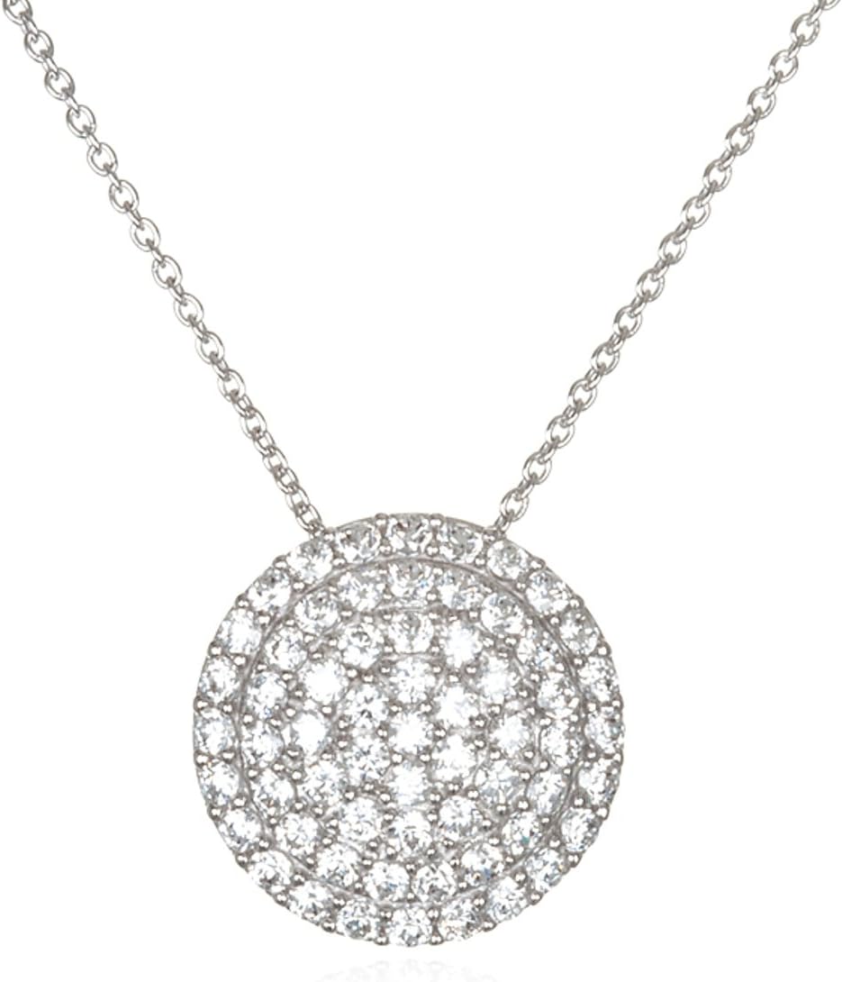Rhodium Plated Silver White Cz Disk Pendant-18"