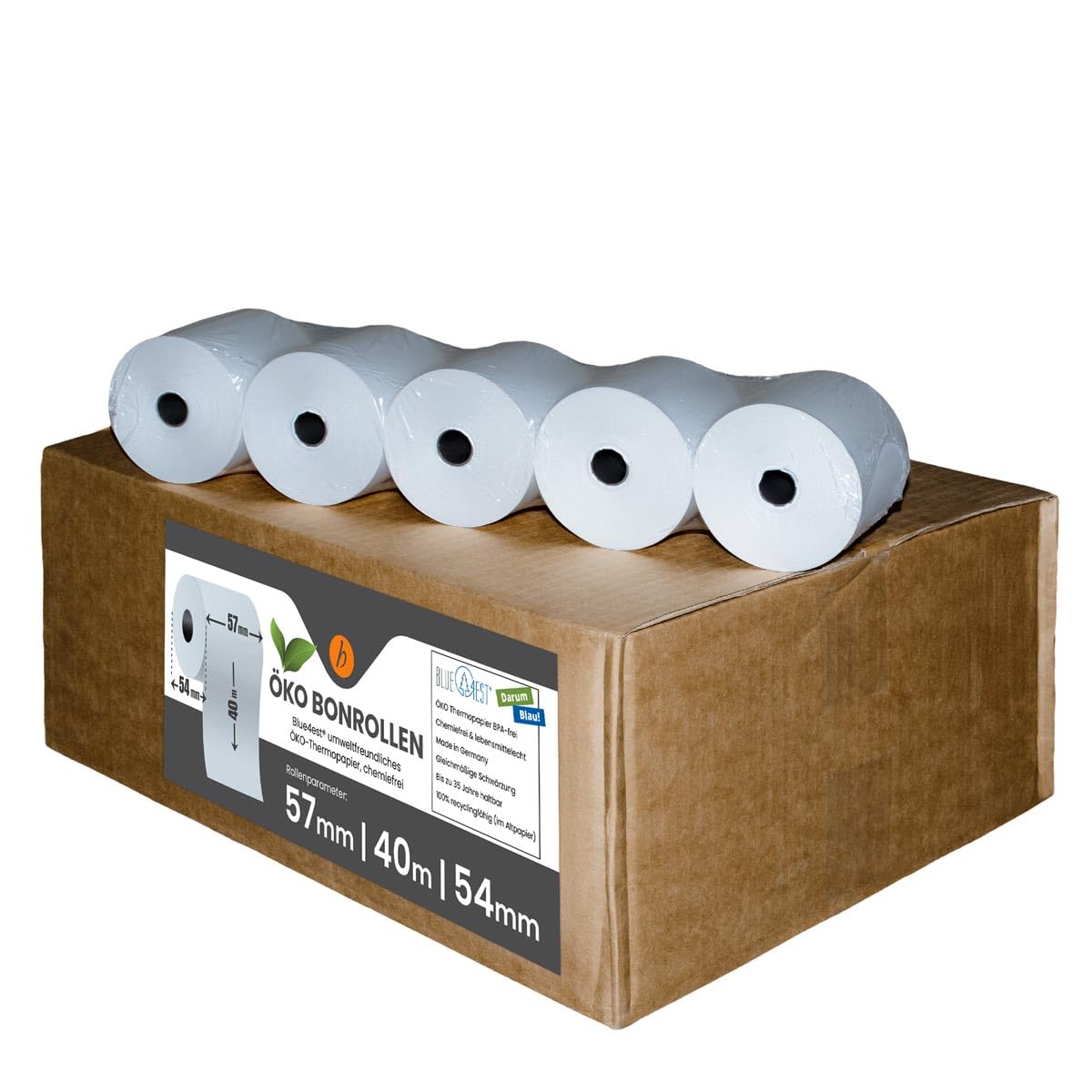 100 Stk. Blue4est® Öko Thermorollen | 57x40x12 mm Ø54mm | Länge: 40 m | blaue Bonrollen Thermopapier | EC Cash Geräte Rollen | HUTNER