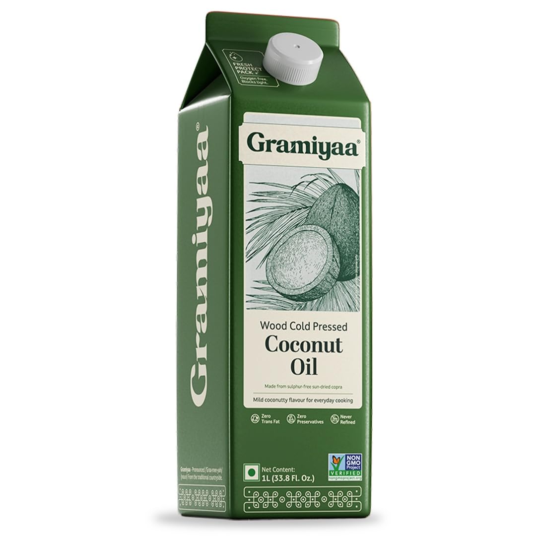 Gramiyaa Cold Pressed Coconut oil 1 Litre | Traditionally Extracted | Chemical-free, Zero Trans-fat Cooking oil | Unrefined | Kachi Ghani Coconut oil for Cooking