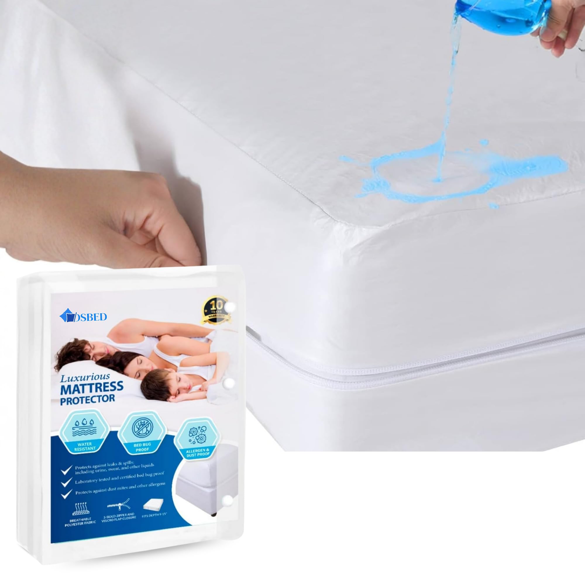 Waterproof Mattress Protector 180x200 Deep Pockets | 300 Cotton TC, Zipper, Bed Bug & Dust Mite Proof Mattress Encasement - Hotel Quality Noiseless Mattress Cover (Full - 140 x 200cm)