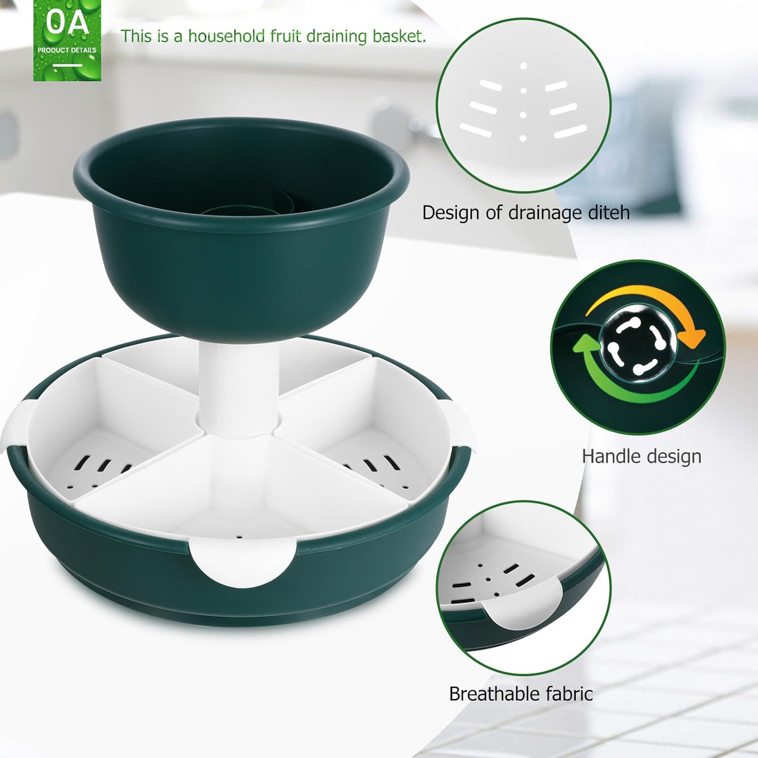 Zerodeko Double-layer Fruit Vegetable Washing Basket Thick Draining Basket with Multi-compartment Design for Hot Pot Food Holder Kitchen Storage Tray in Mint Green Easy Clean and Quick Dry