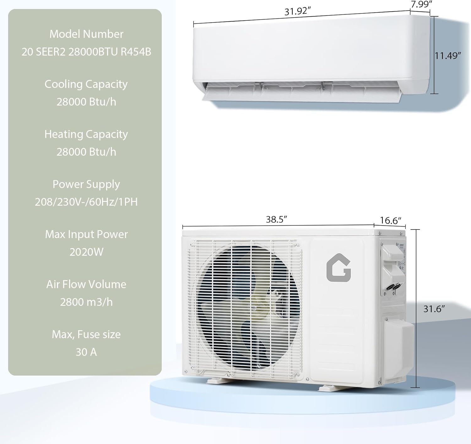 Diagram showing the dimensions of the GarveeHome indoor and outdoor mini split units, including width, height, and depth measurements.