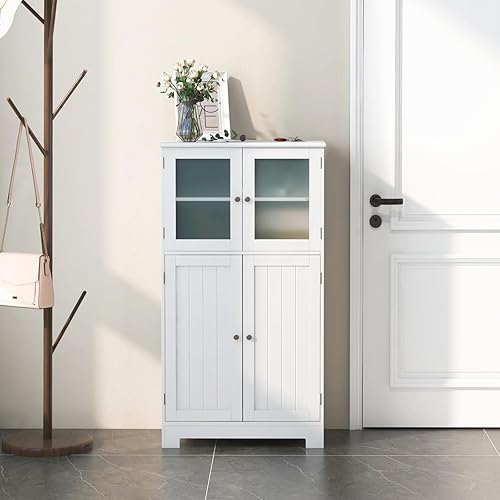 Miniatura 9 de Giantex Armario de almacenamiento con puertas Armario de piso de baño, armario alto independiente con 2 puertas de vidrio templado, estante