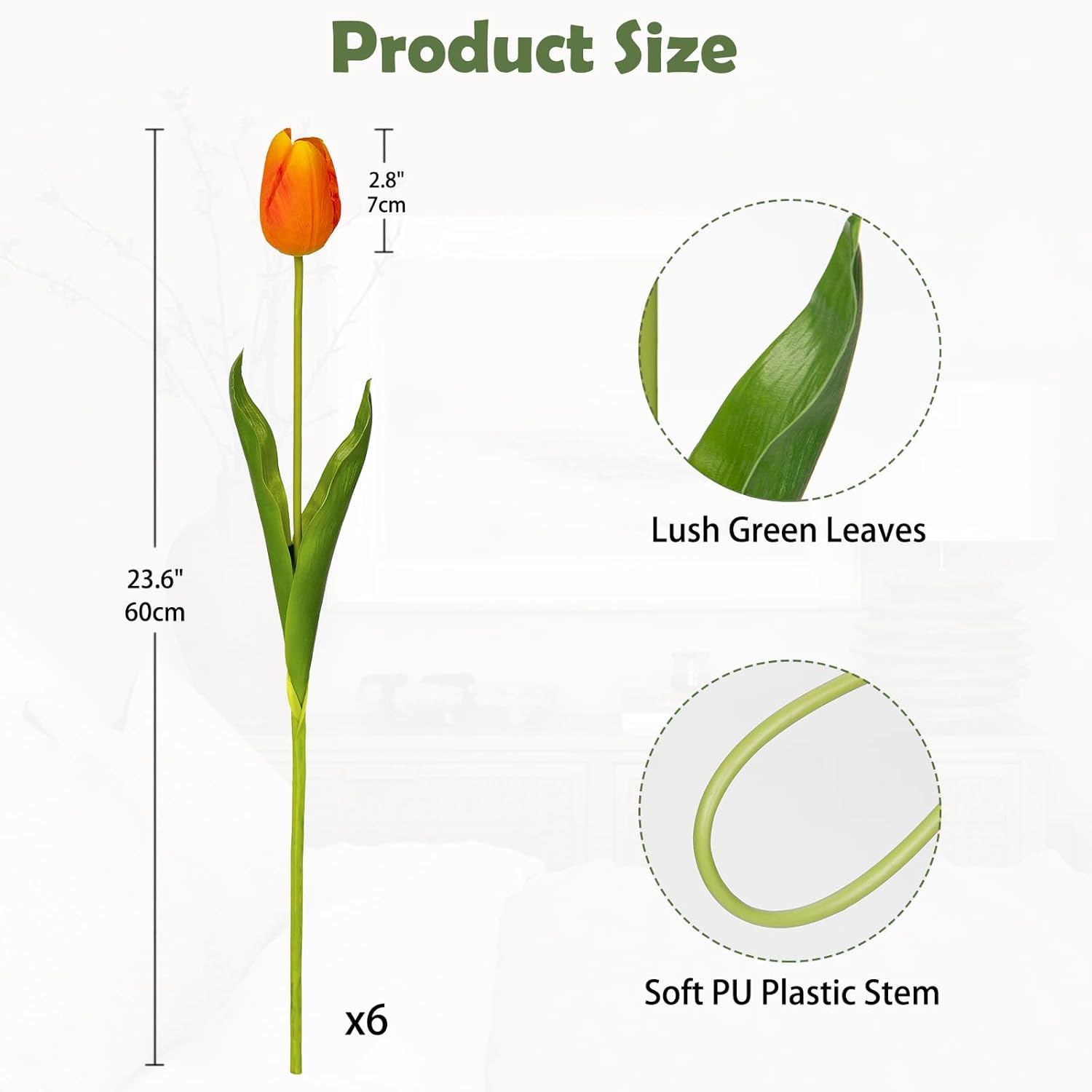 6PCS 23" Fake Tulip Flowers Artificial Orange Tulips Long Stem Faux Flower, Silk Flower Décor for Floral Arrangement Home Farmhouse Wedding Decoration
