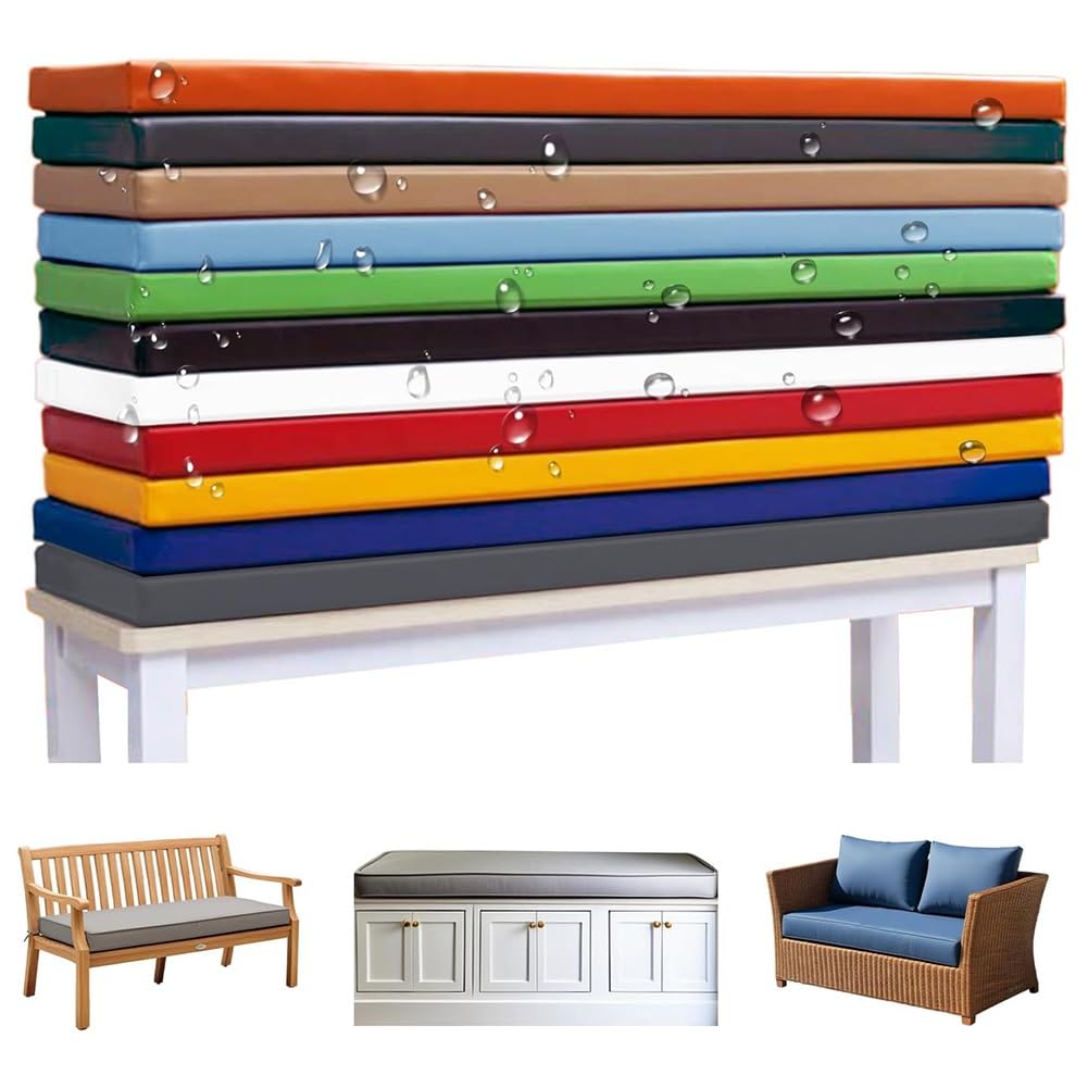 Waterproof Garden Bench Cushion, 8cm Thick Non-Slip PU Leather Foam Seat Pad with Removable Cover, Outdoor Swing Cushion for Patio, Blue, 16x42 Inches