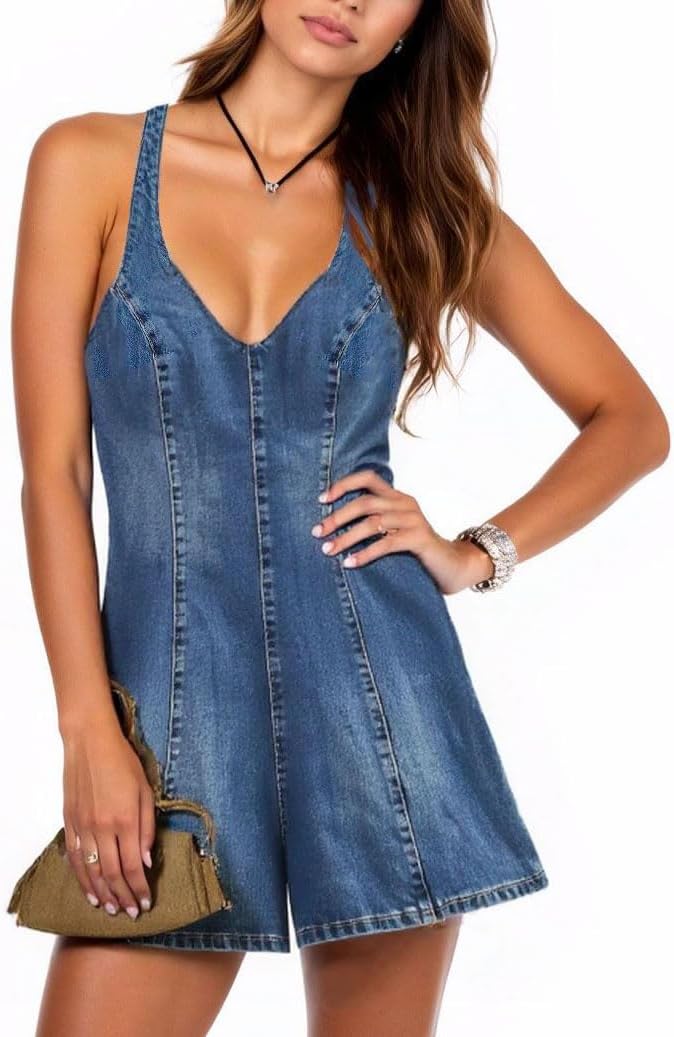 Women's Summer Denim Jumpsuit Sleeveless Backless Romper Halter Neck One Piece Wide Leg Overalls Jean Shorts