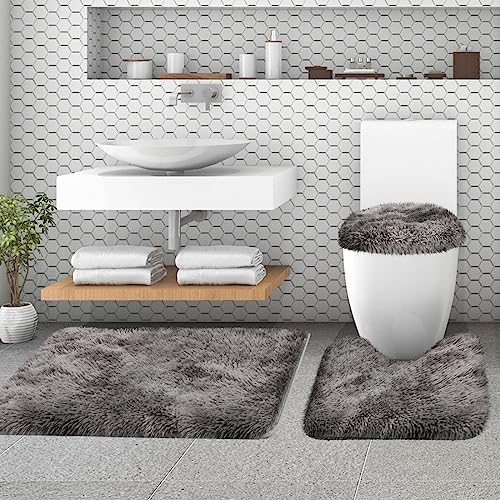 McEu Bathroom Mats Sets 3 Piece, Non Slip Washable Faux Fur Bath Mats and U Shaped Toilet Mat Set with Toilet Lid Cover, Soft Microfiber Long Pile Water Absorbent Bath Rugs for Bathroom, Black