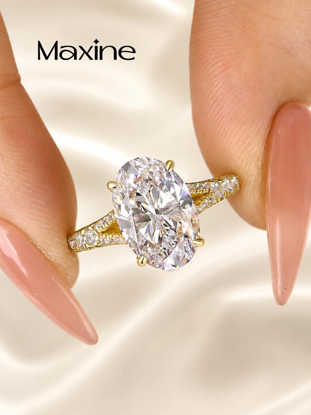 Maxinejewelry 3.5 Carat Oval Cut Engagement Ring with Split Shank, 5A Cubic Zirconia Promise Ring for Women in S925 Silver