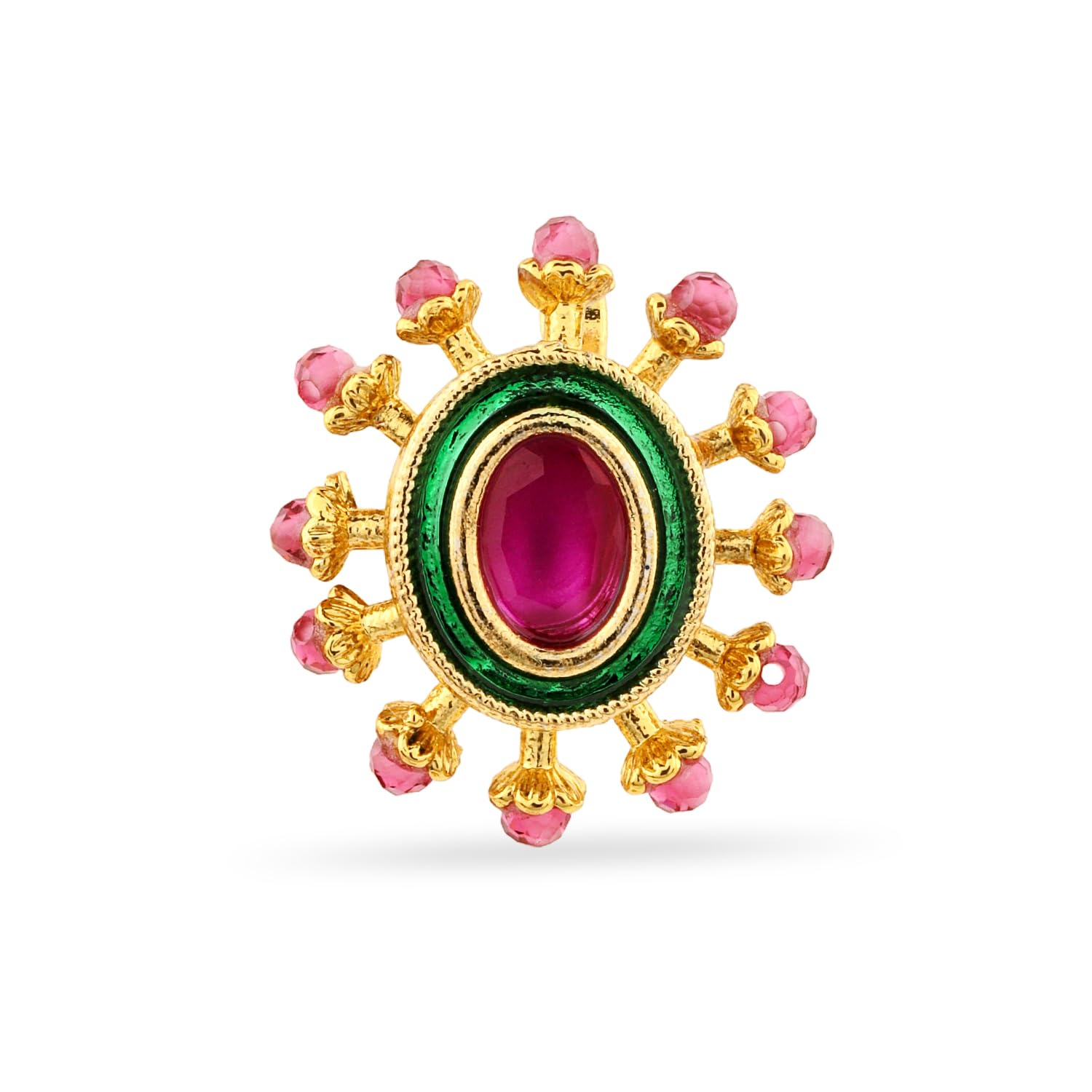 18K Gold-Plated Ruby Pink Stone Studded Non-Pierced Clip-On Nath with Green Enamel for Women Perfect for Bridal & Traditional Looks-image-49