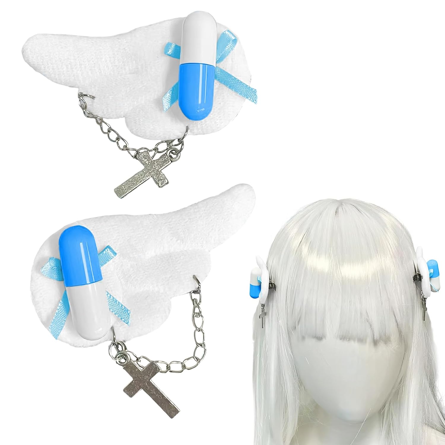 Gothic Angel Hair Clips Cute Halloween Lolita White Blue Bow Capsules Angel Wings Hair Accessories for Women Girl Adult Adolescent Halloween Party Cosplay Tea Party (2 Pcs)