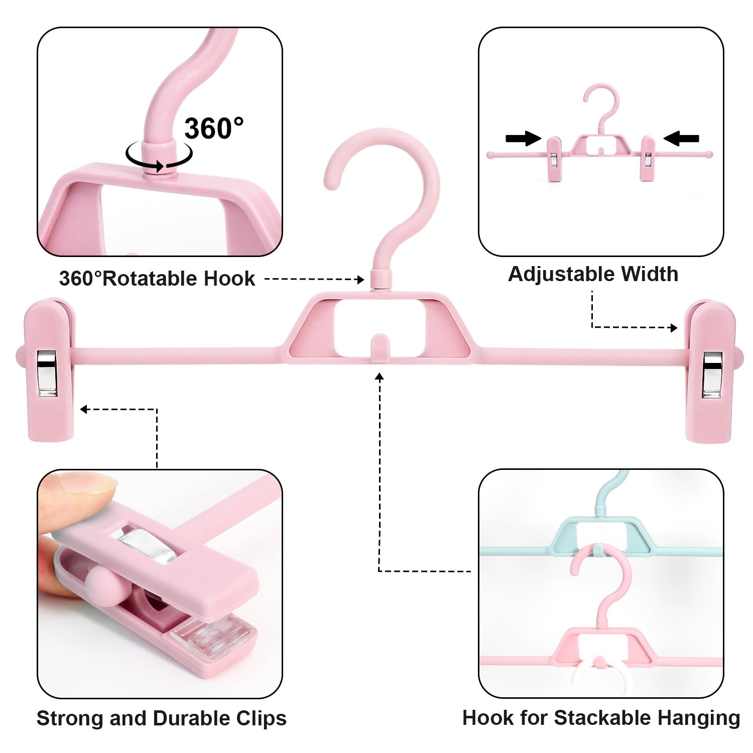 Confezione da 30 grucce in plastica per pantaloni POZEAN con clip antiscivolo impilabile per gonne, pantaloncini, jeans, vestiti per bambini, cappotti, salvaspazio, sottili e multiuso (rosa)