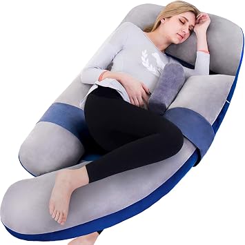 60in Full Body Pillow | Nursing, Maternity and Pregnancy Body Pillow | Awesling Extra Large U Shape Pillow and Lounger with Detachable Side, Separate Support Pillow and Removable Cover Grey Blue