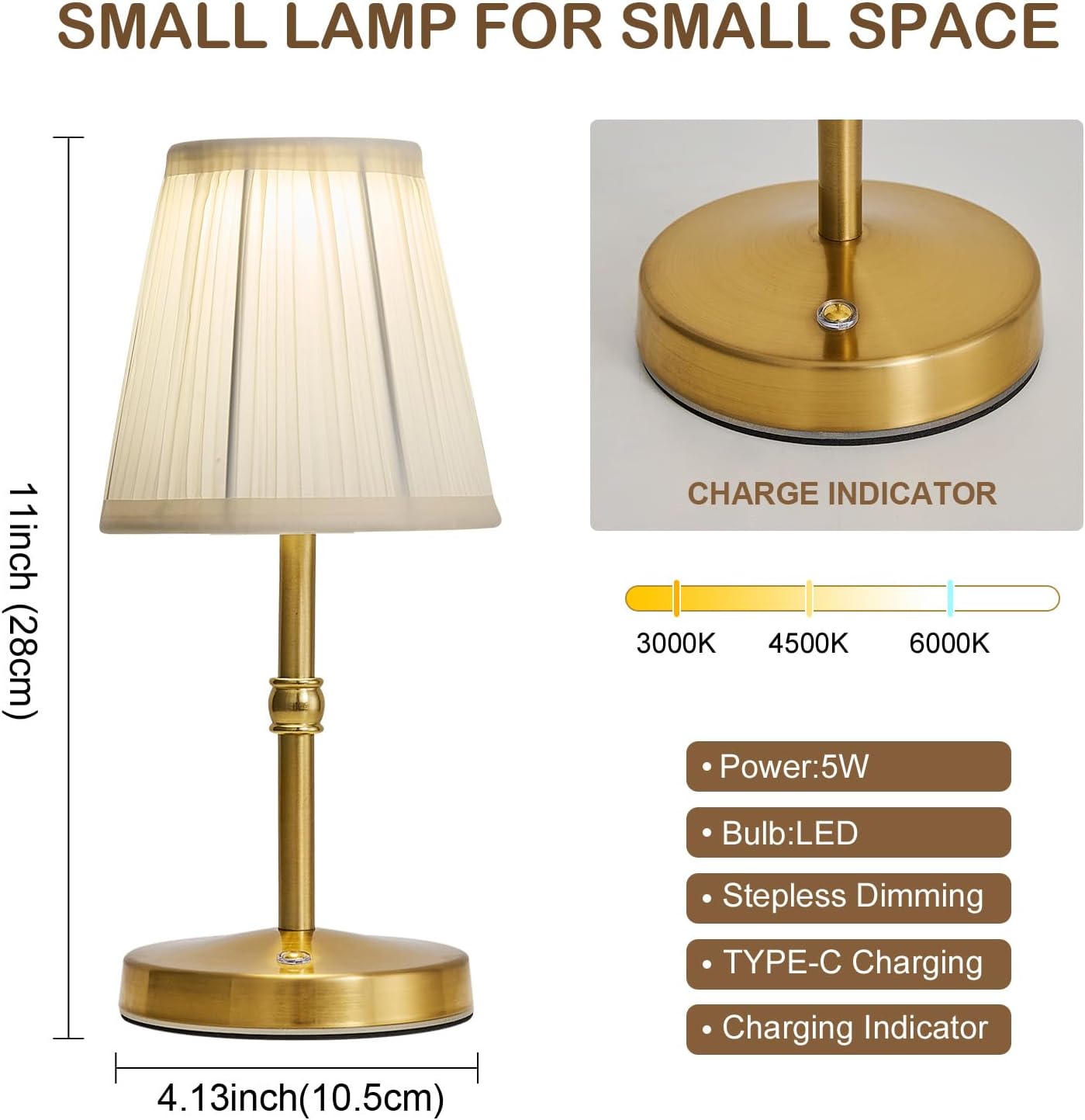 3000mah Battery Powered Lamp for Home,Small Cordless Lamps Rechargeable,3 Color Temperature 5W LED Touch Lamp Battery Operated Table Lights,Wireless Lamps for Tables,Kitchen,Living Room (Gold,H11”)