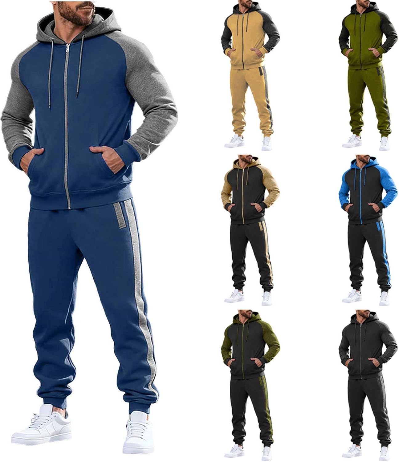 Cambkatl Hoodies Tracksuit for Men Zip Up Sweatshirt Jackets Color Block Sweatpants 2 Piece Jogging Suit Workout Outfits