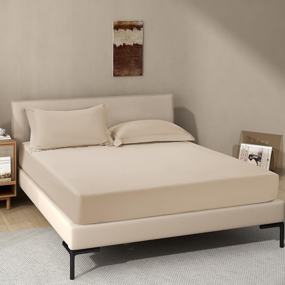 Khaki Fitted Sheet,Twin Size Taupe Fitted Sheet with Deep Pocket 18 inch,Ultra Soft & Breathable FittedSheet Easily Fits 18 inch to 24 inch Mattress