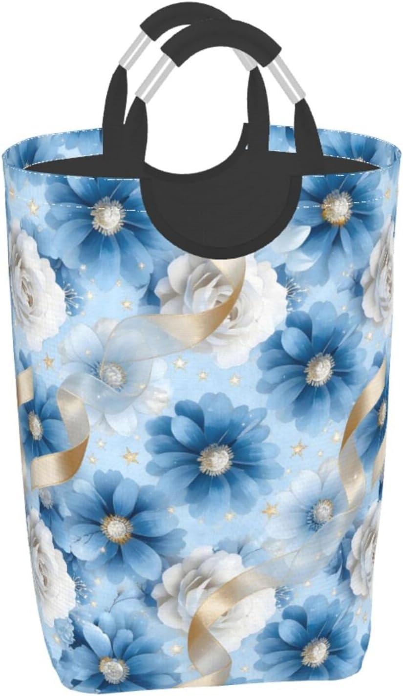 Serene Blue Floral Embrace Foldable Dirty Laundry Bag, Waterproof Oxford Fabric With Pe Board Base, 50l Capacity For Home & Travel