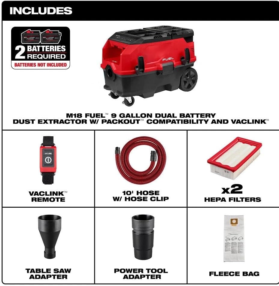 0888-20 for Milwaukee M18 Fuel 18V Cordless 9 Gallon HEPA Dual Battery Dust Extractor - Heavy-Duty for Construction, Renovation