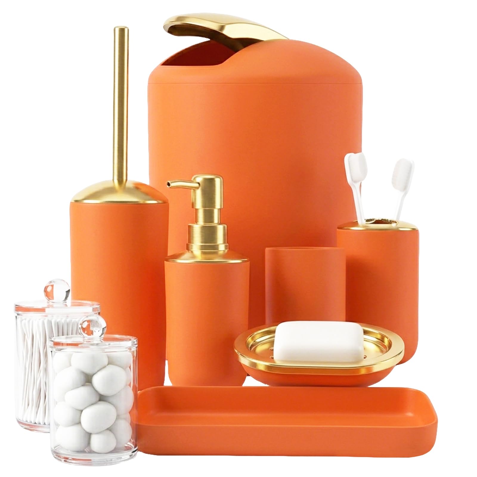 Ensemble de salle de bain de luxe orange et ses accessoires chics pour une touche raffinée