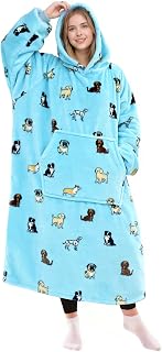 KPBLIS Wearable Blanket Hoodie for Women Men, Cozy Hoodie Blanket Sweatshirt Birthday Gifts for Dog Lovers Women Mom Wife, Warm Fleece Hooded Blanket with Sleeves for Adults, Dog Light Blue