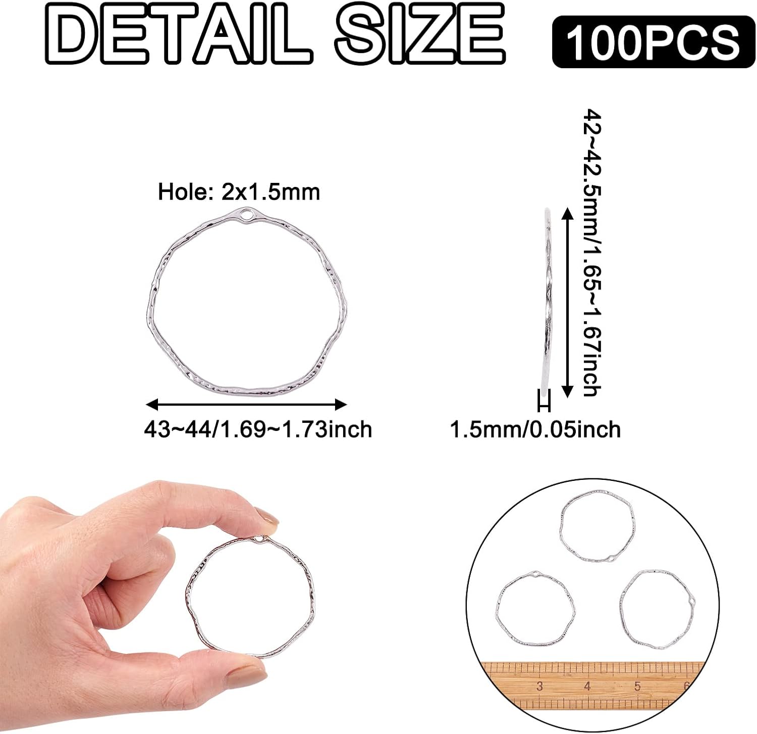 FASHEWELRY 100Pcs Alloy Ring Open Back Bezel Pendants Platinum Hollow Mold Pendants Pressed Flower Frame Charms for Resin Earrings Necklace Jewelry Making, 42~42.5x43~44x1.5mm