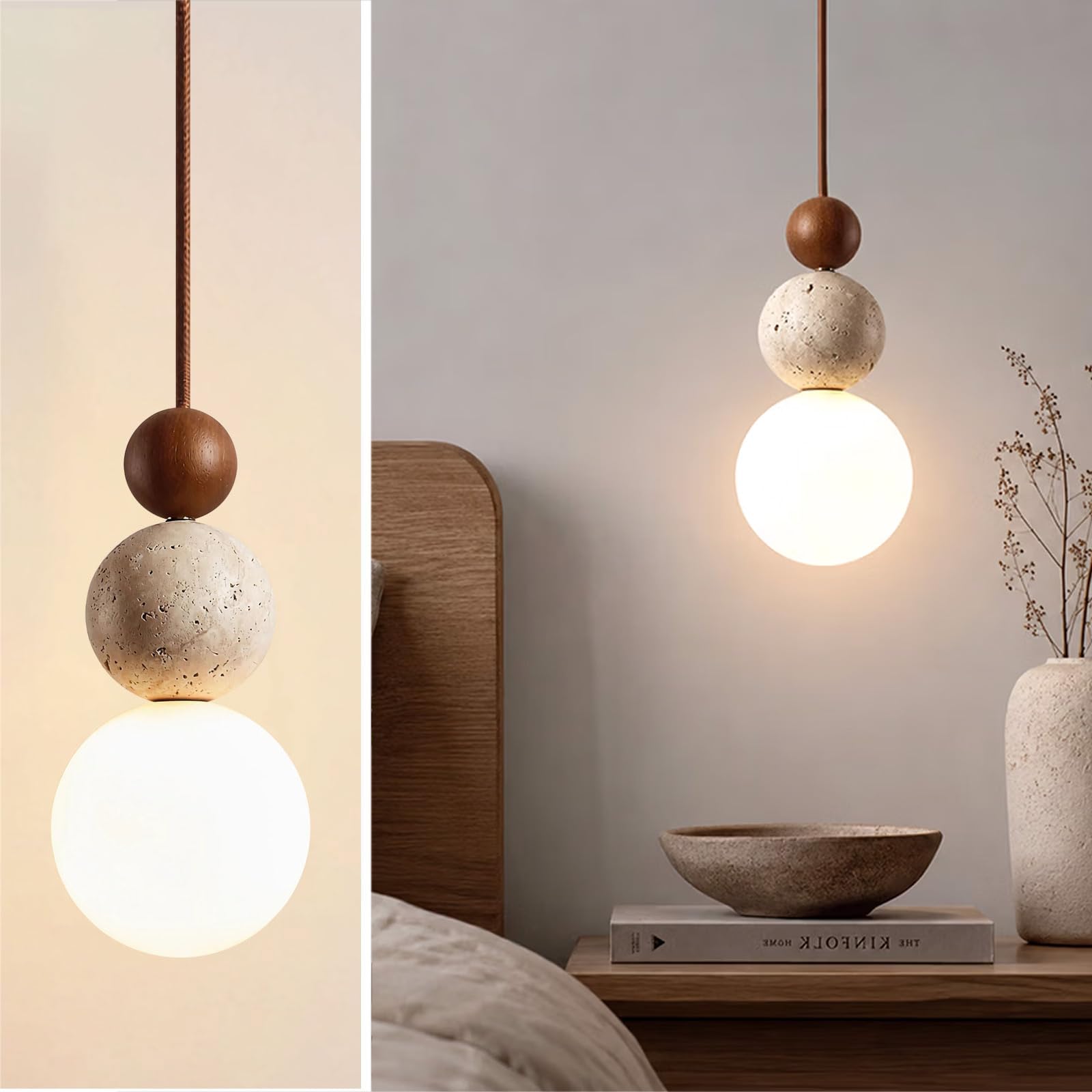 Natural Travertine Pendant Light, Wabi-Sabi Stone Hanging Lamp