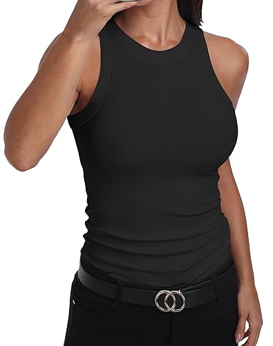 GEMBERA Womens Sleeveless Racerback High Neck Casual Basic Cotton Ribbed Fitted Tank Top - Large - Black