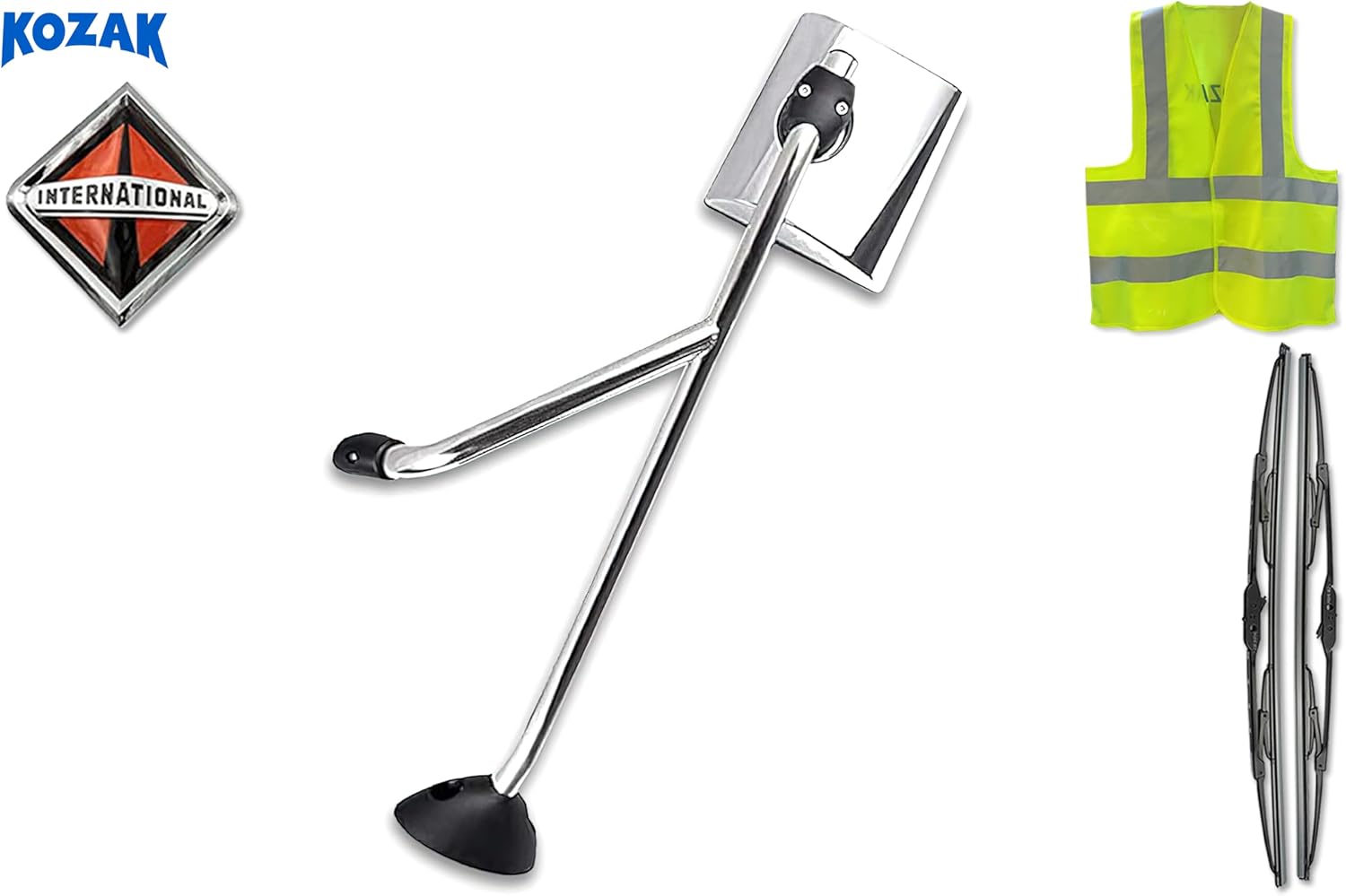 KOZAK Chrome Hood Mirror Left Driver Side Heavy Duty Mirrors Compatible with International Harvester ProStar 2002-2017 Manual Adjusted PLUS Logo, 2x 22"Windshield wipers and Vest