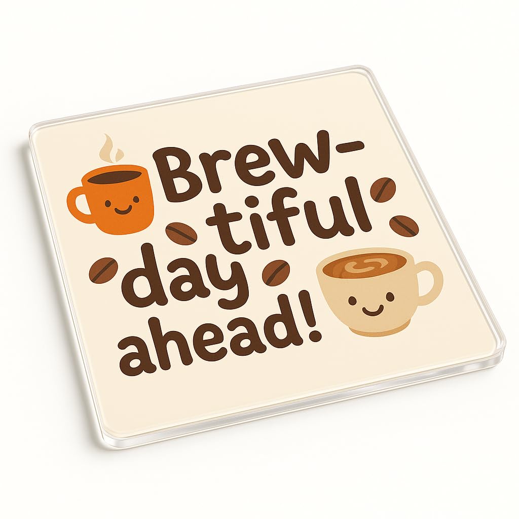 The Plum Penguin Brewtiful Bliss Whimsical Acrylic Coaster Gift - Design With Coffee Cup Illustrations - Unique Table Accessory Present