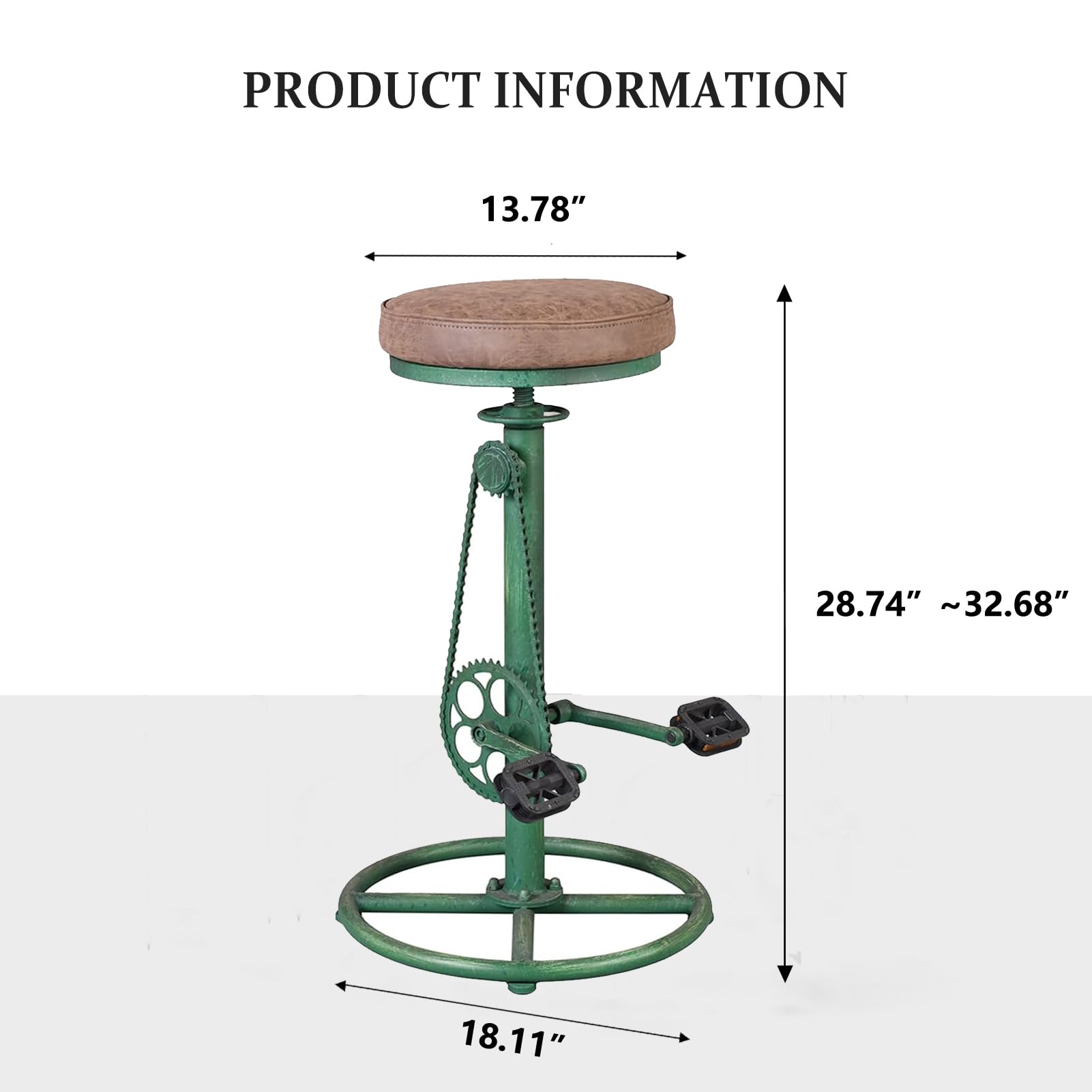 Taburete de bar vintage para bricolaje, cadena de bicicleta, pedal de hierro, retro, industrial, altura ajustable, diseño de rueda de bicicleta, juego de 2 sillas de barra verde antiguo 2