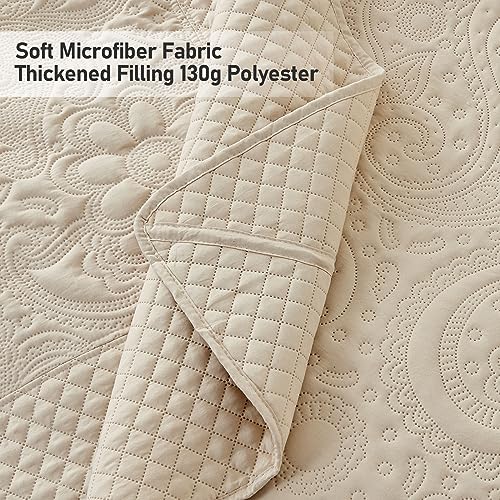 Image of Qucover Oversized King Bedspreads 128x120, Soft Microfiber Ultrasonic Quilting Paisley Pattern California King Quilt Sets Oversized, 3 Piece Oversized Coverlet Bedding, Beige