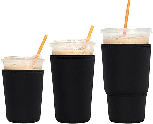 Paquete de 3 fundas reutilizables para café helado - Xumbtvs funda aislante para bebidas frías, soporte de taza de café de neopreno (negro)