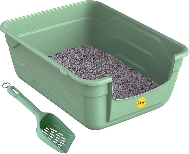 Green Large Cat Kitten Litter Tray Box + Waste Scoop Set High Sided Deep Toilet Loo Adult Cats Kitten Pan Pet Loo Easy Cleaning Lowered Entry Step 11.5cm Easy Access Elderly Cat Trays CatCentre®