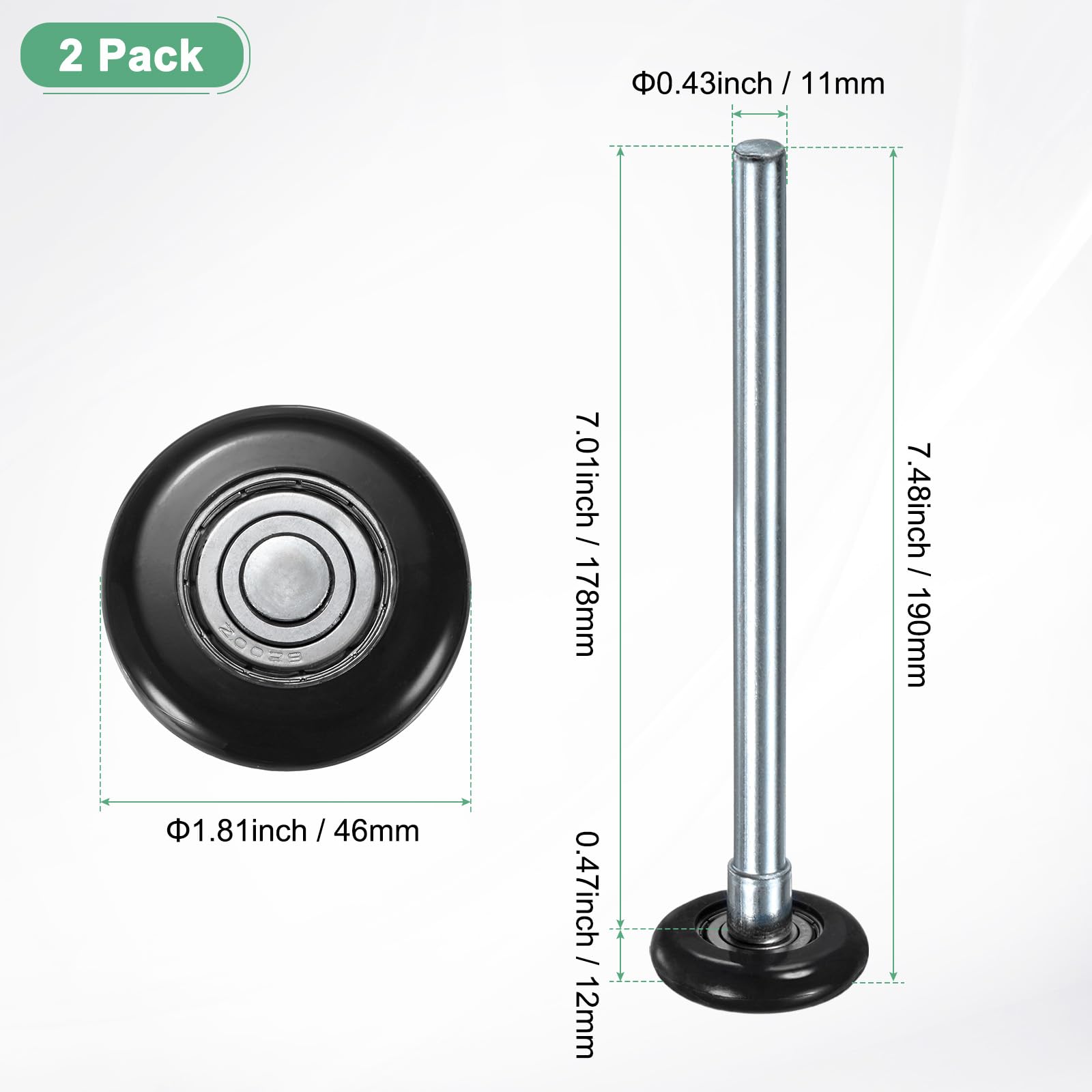 M METERXITY 2-Pack Nylon Garage Door Rollers, 1.8"/ 46mm Quiet Garage Door Wheels 190 Mm/ 7.48" Stem - Image 3