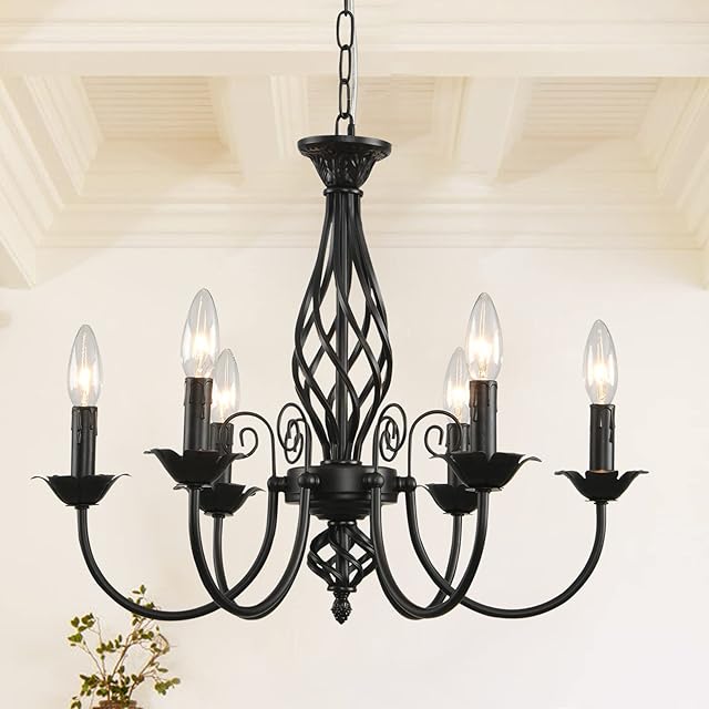 HOXIYA Farmhouse Chandelier 6 Light for Living Room, 22" Vintage Industrial Pendant Hanging Lights, Rustic Ceiling Hanging Matte Black Candle Chandelier for Dining Room Bedroom Hallway Kitchen Foyer