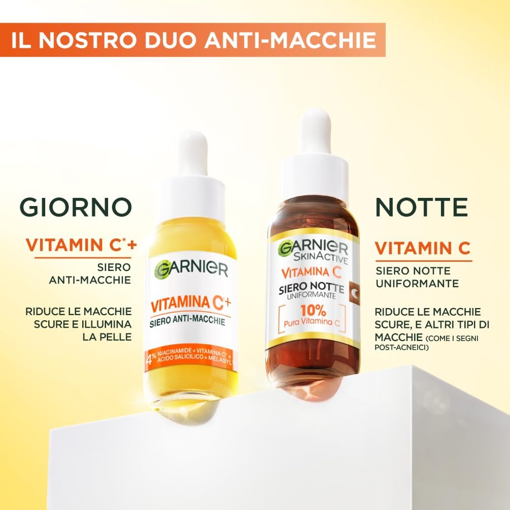 Garnier Siero Viso Vitamina C Anti-Macchie, Illuminante e Rimpolpante, Arricchito con Vitamina C, Niacinamide e Acido Salicilico, Pelle Libera dalle Macchie Scure in 6 Giorni, Incarnato Luminoso, 30ml