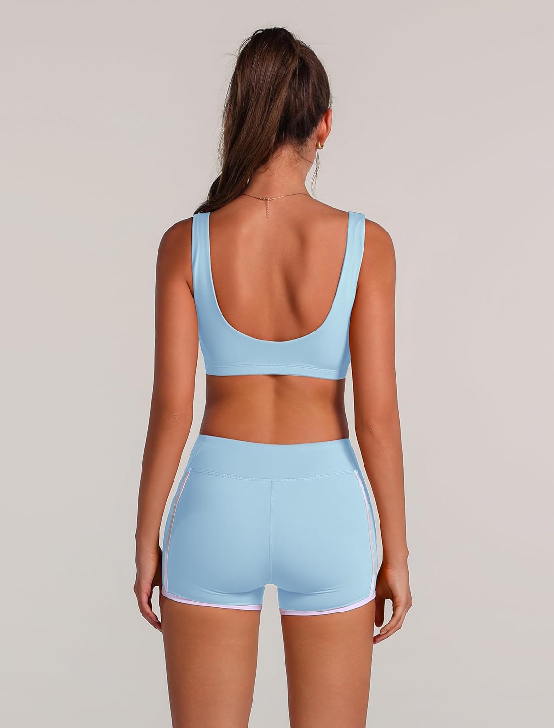 ABOCIW Womens Workout Sets Contrast Trims Twist Front Sports Bra High Waist Mini Shorts with Pockets Pilates Outfits