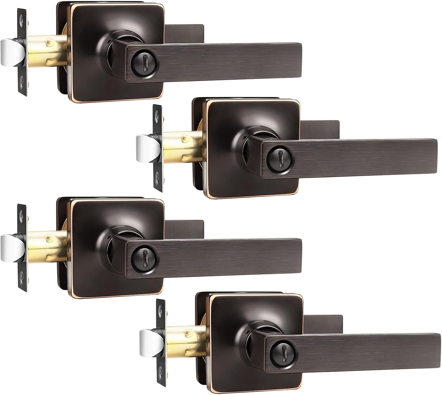 GOBEKOR 4 Pack Privacy Door Levers - Oil Rubbed Bronze Interior Handles With Lock - Keyless Bedroom Bathroom Square Lever Handles