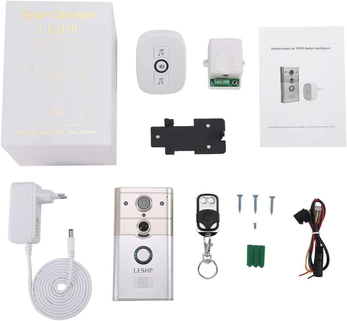 LESHP Wireless Remote Control Electronic Visible HD 720P Video Picture 1/4 COMS 1 Mega-Pixels 12V/1A Wi-Fi Smart Doorbell-Black and White