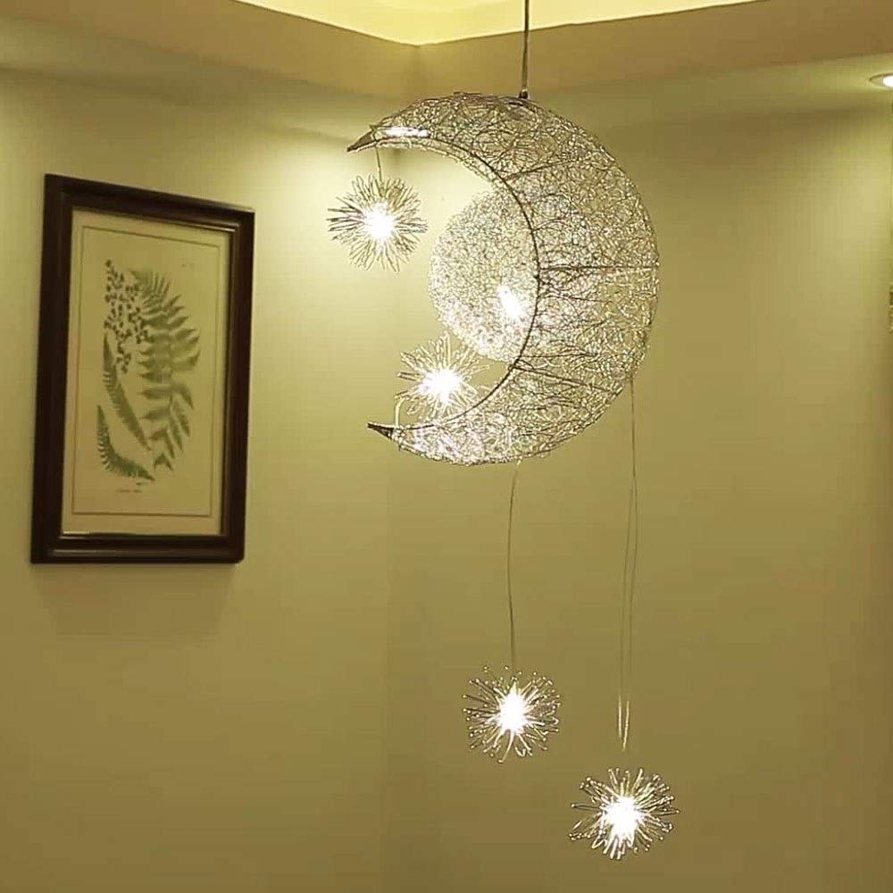 LED-Pendelleuchten, G4, moderner romantischer Mond- und Stern-Kronleuchter, Lichterkette, künstlicher Anhänger, Aluminium-Drahtkäfig, Decken-Hängeleuchte für Kinderzimmer, Kinderzimmer, Wohnzimmer, 5